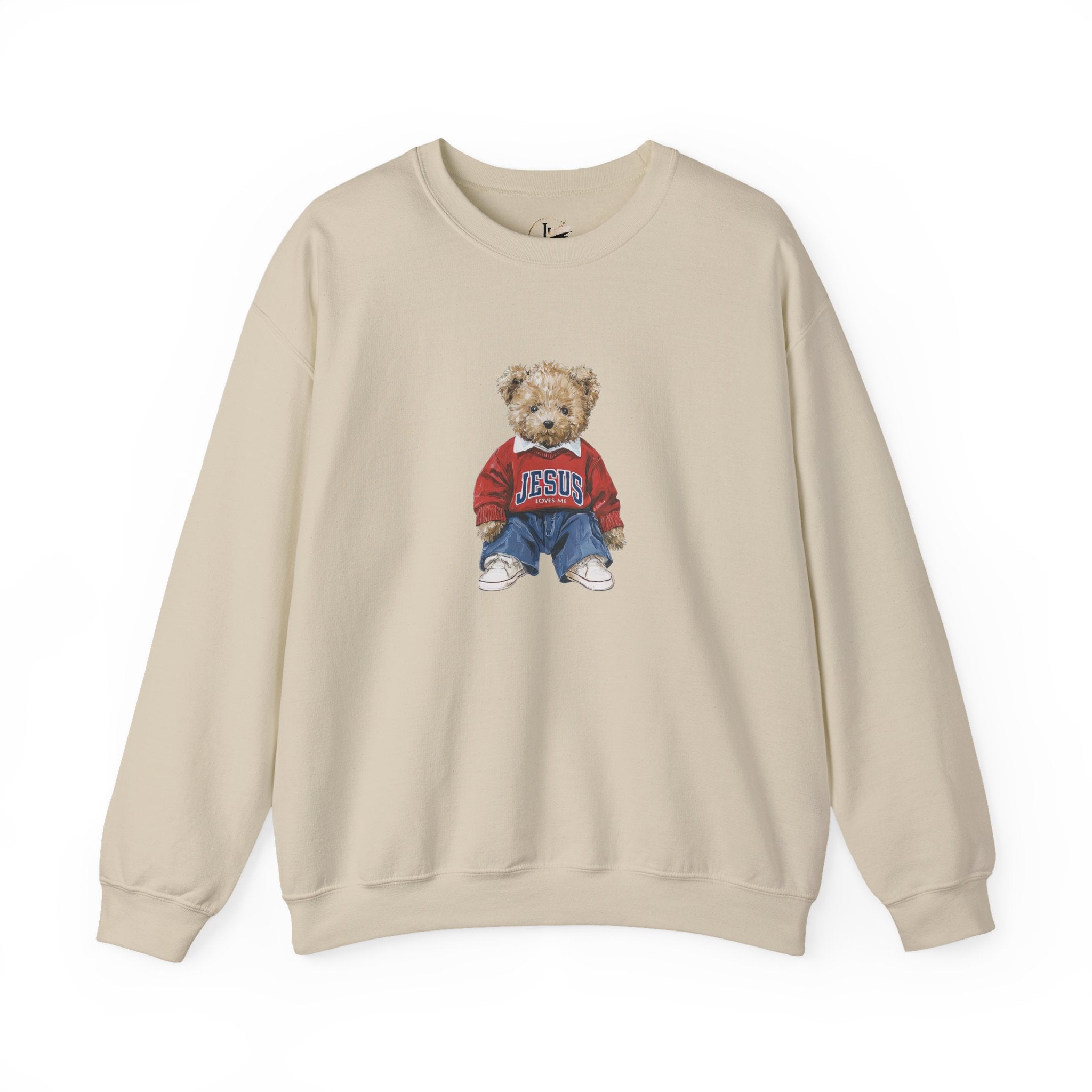Crewneck Sweatshirt — Teddy Bear Wearing 'Jesus' Sweater Christian Graphic