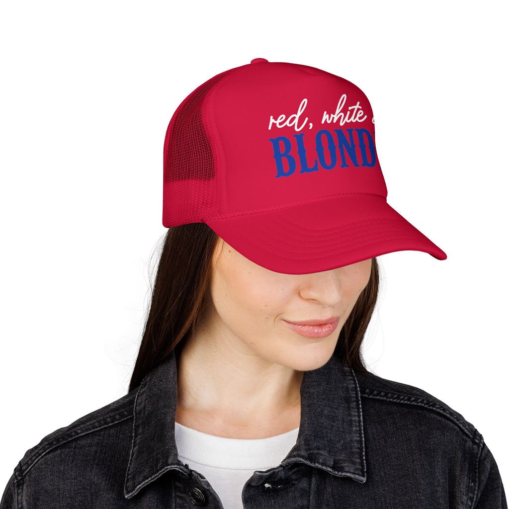 Red, White & Blonde Trucker Hat — Patriotic Blonde Foam Trucker Hat