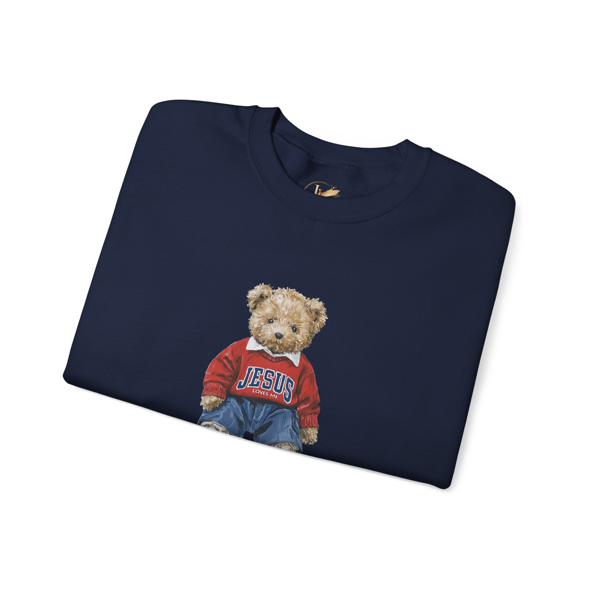 Crewneck Sweatshirt — Teddy Bear Wearing 'Jesus' Sweater Christian Graphic