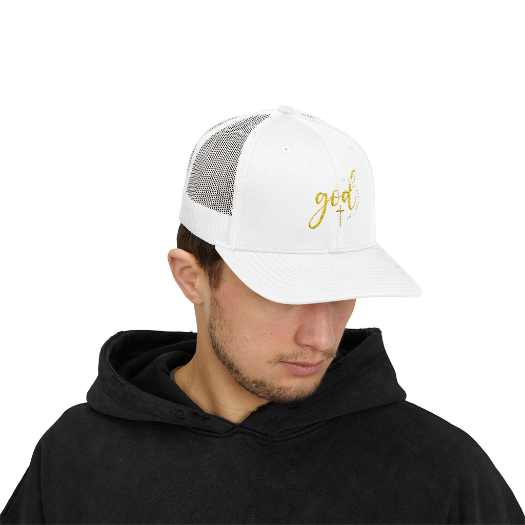 God Script Trucker Cap — Gold Sparkle Faith Snapback