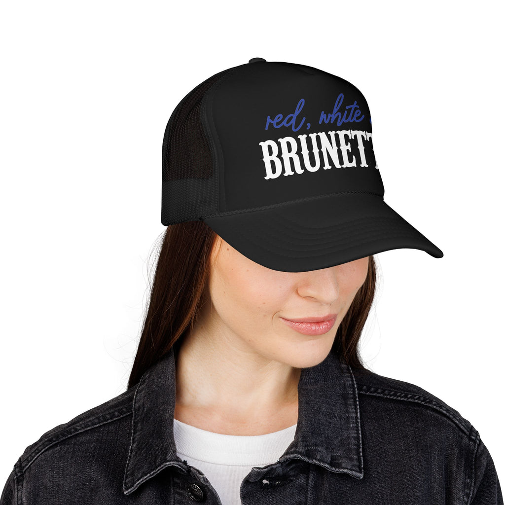 Red, White & Brunette Trucker Hat — Patriotic Foam Mesh Cap for Women
