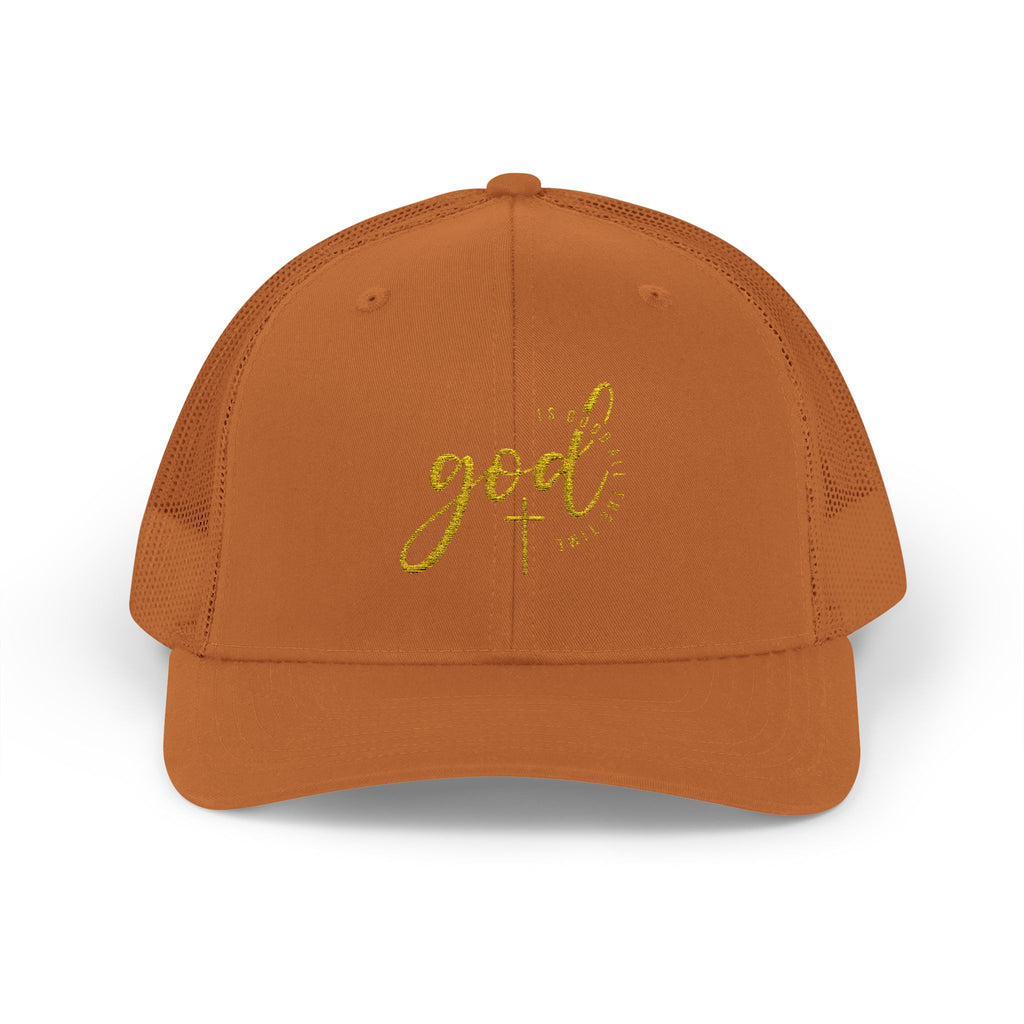 God Script Trucker Cap — Gold Sparkle Faith Snapback