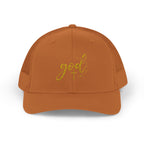 God Script Trucker Cap — Gold Sparkle Faith Snapback