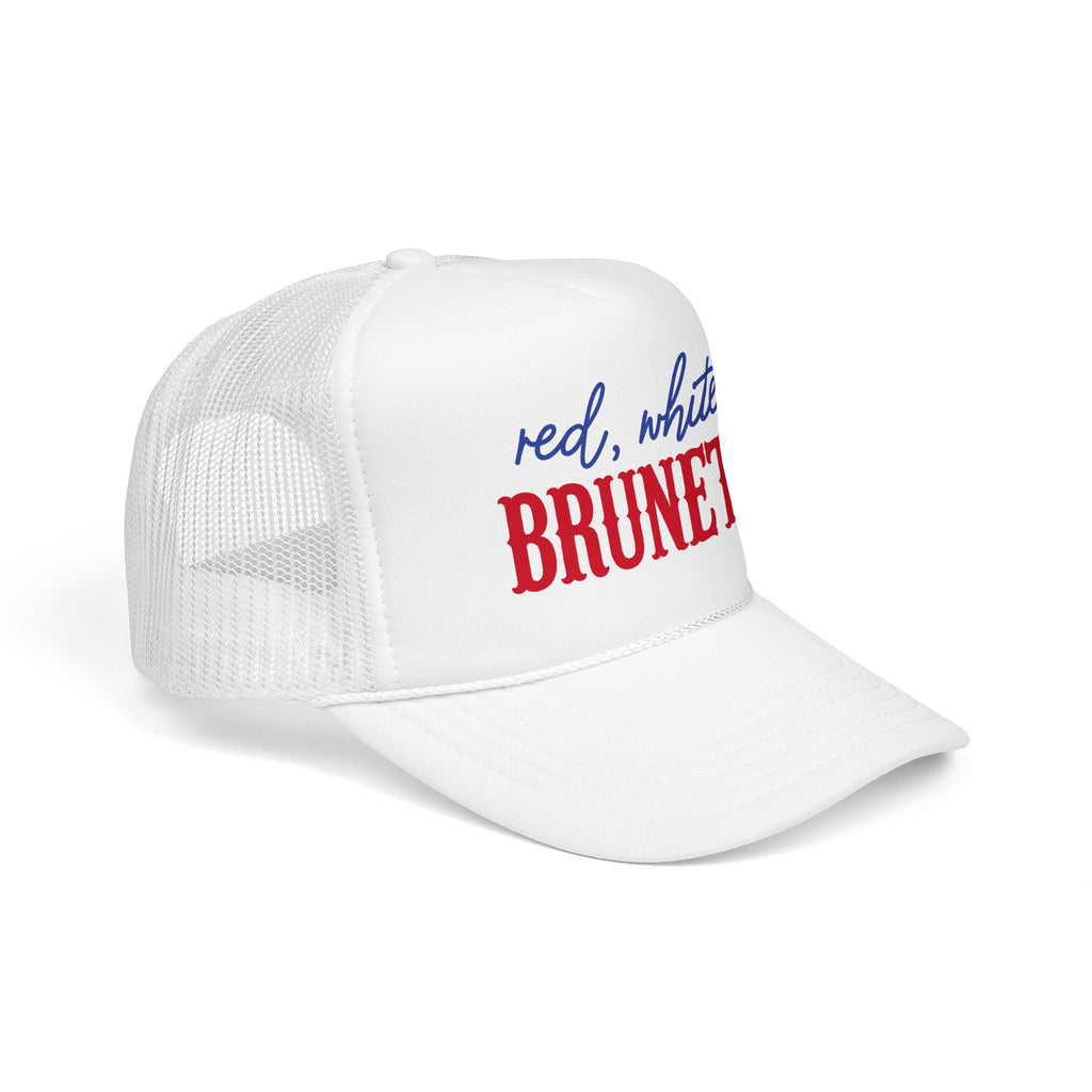 Red, White & Brunette Trucker Hat — Patriotic Foam Mesh Cap for Women