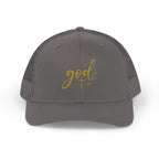 God Script Trucker Cap — Gold Sparkle Faith Snapback