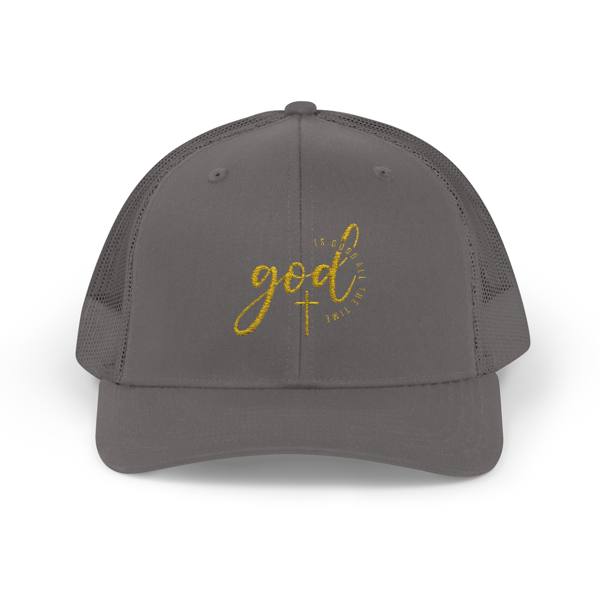 God Script Trucker Cap — Gold Sparkle Faith Snapback