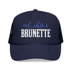 Red, White & Brunette Trucker Hat — Patriotic Foam Mesh Cap for Women