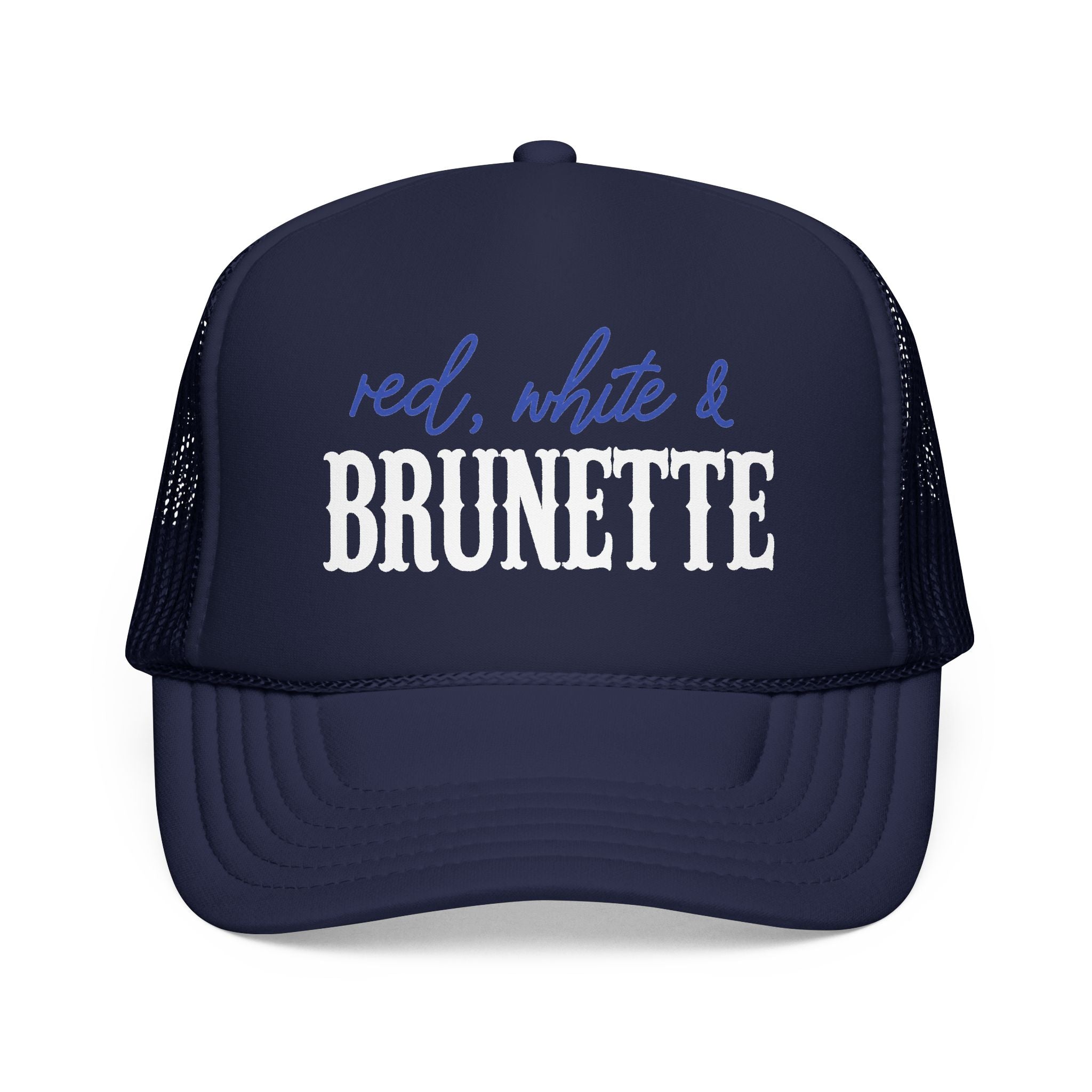 Red, White & Brunette Trucker Hat — Patriotic Foam Mesh Cap for Women