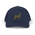 God Script Trucker Cap — Gold Sparkle Faith Snapback