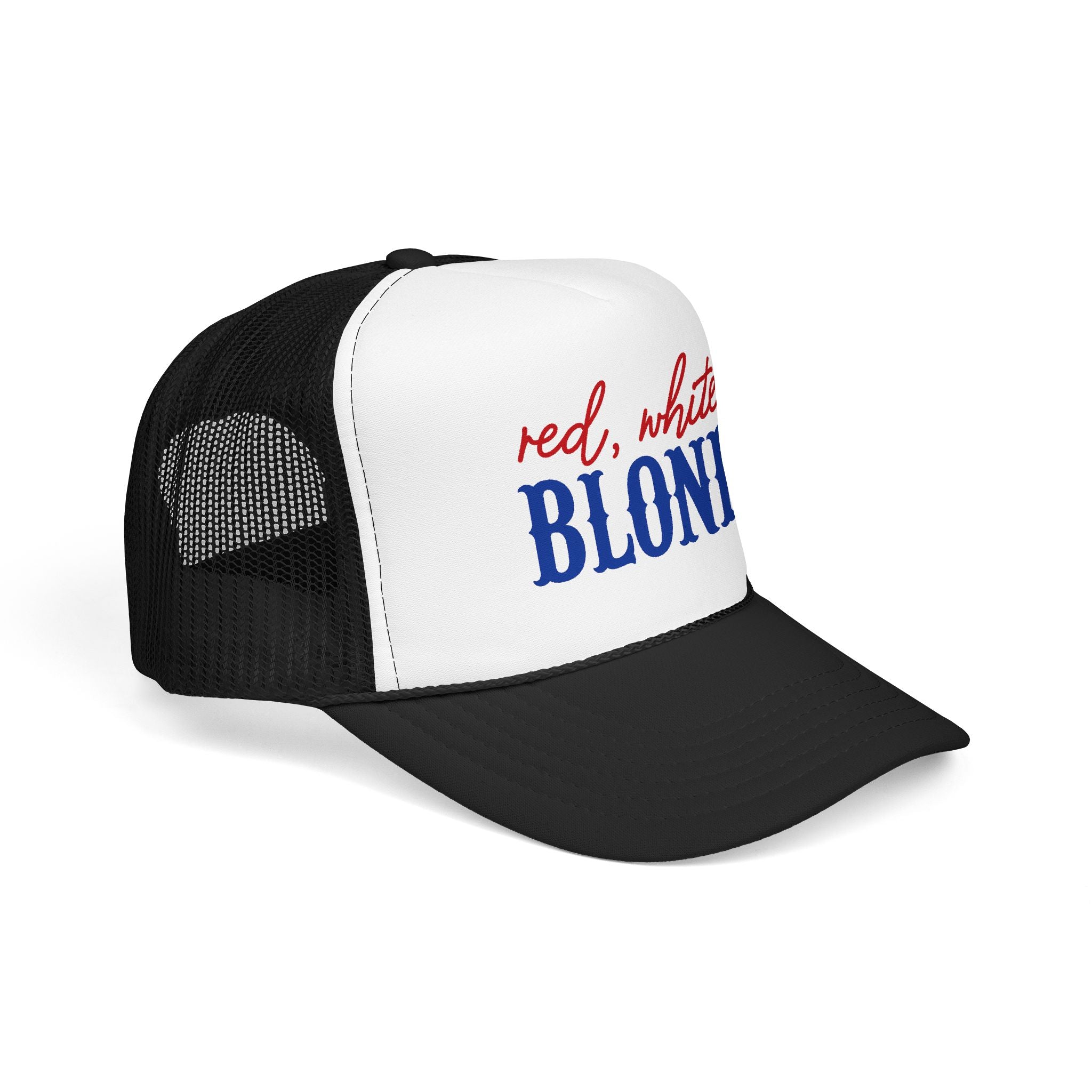 Red, White & Blonde Trucker Hat — Patriotic Blonde Foam Trucker Hat