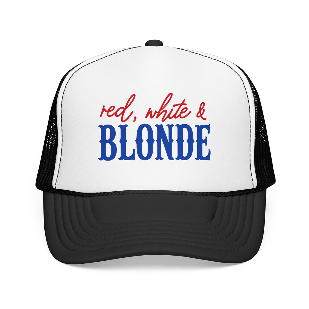 Red, White & Blonde Trucker Hat — Patriotic Blonde Foam Trucker Hat
