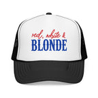 Red, White & Blonde Trucker Hat — Patriotic Blonde Foam Trucker Hat