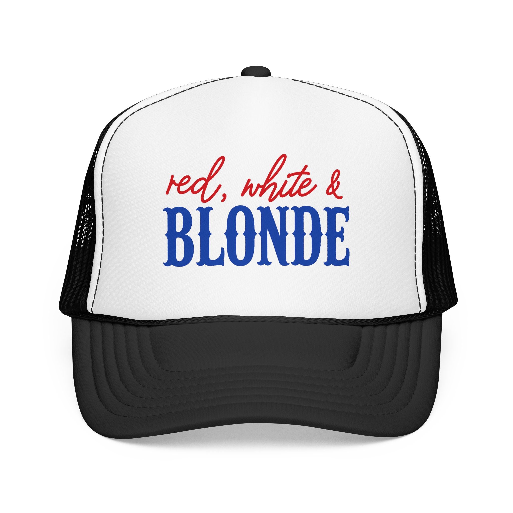Red, White & Blonde Trucker Hat — Patriotic Blonde Foam Trucker Hat