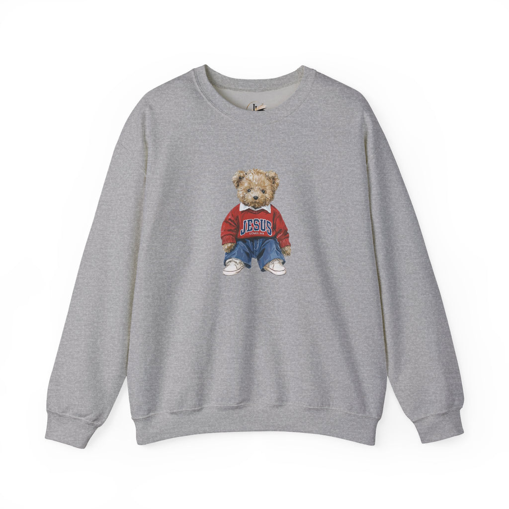 Crewneck Sweatshirt — Teddy Bear Wearing 'Jesus' Sweater Christian Graphic