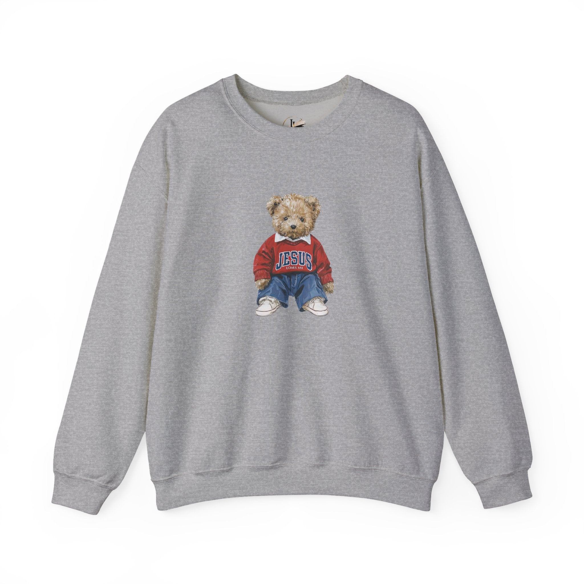 Crewneck Sweatshirt — Teddy Bear Wearing 'Jesus' Sweater Christian Graphic