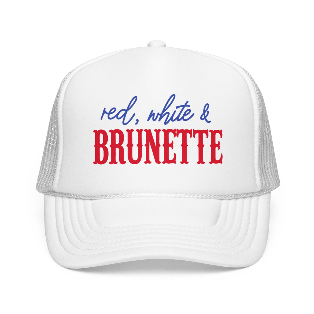 Red, White & Brunette Trucker Hat — Patriotic Foam Mesh Cap for Women