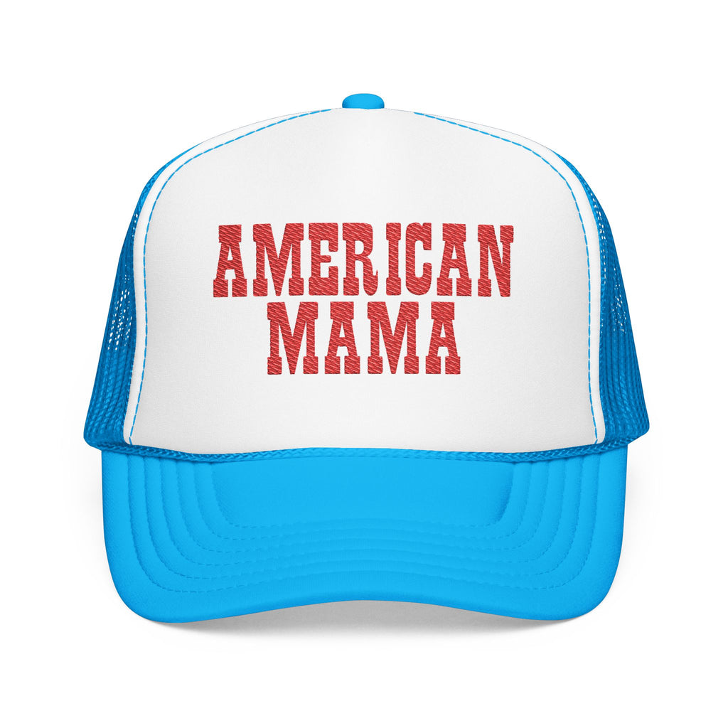 American Mama Trucker Hat - Vintage Red Distressed Foam Mesh Cap for Patriotic Moms