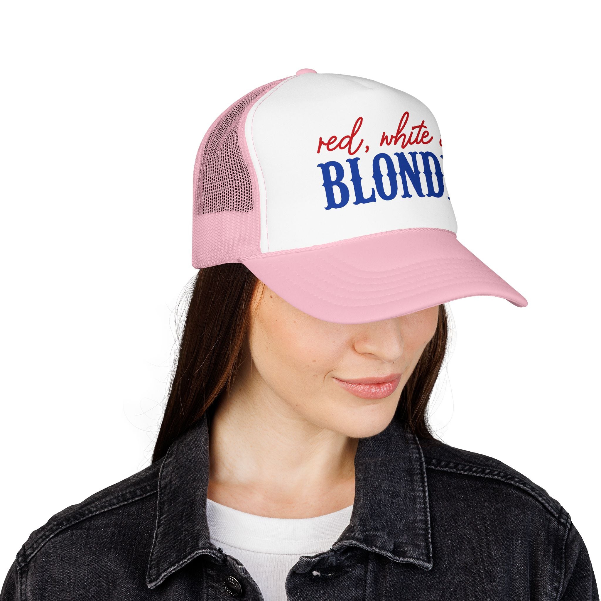 Red, White & Blonde Trucker Hat — Patriotic Blonde Foam Trucker Hat