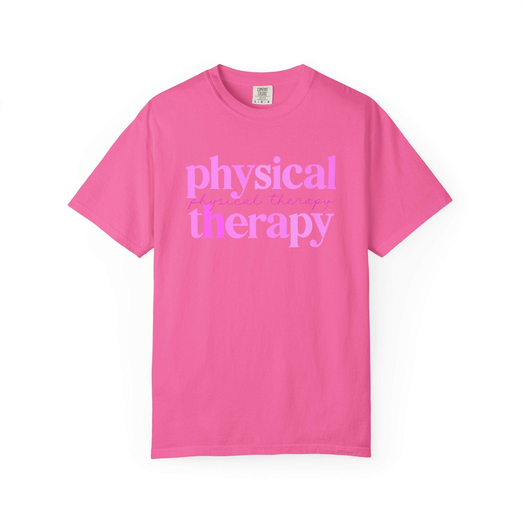 Physical Therapy T-Shirt — Pink Text Rehab Tee for Physical Therapists & Students