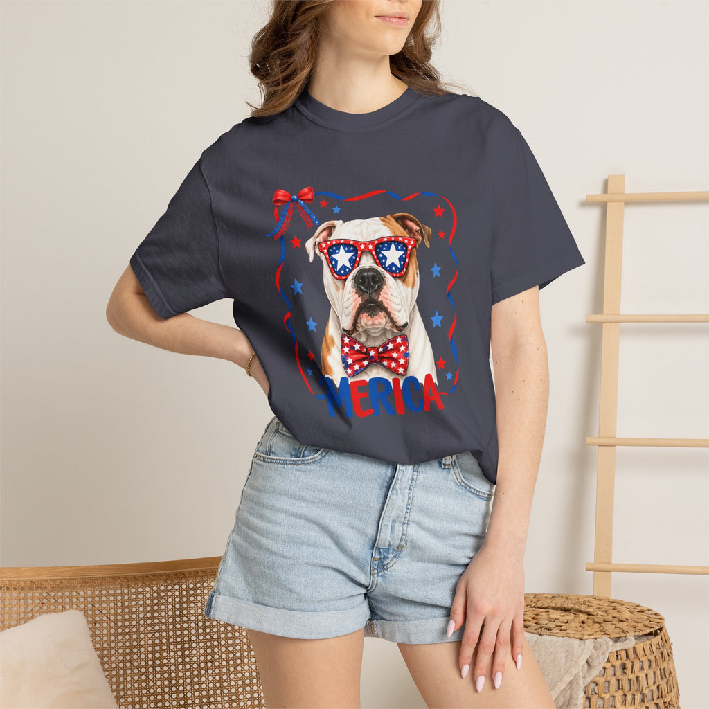 T-Shirt | 'Merica Patriotic Dog Graphic Tee – American Flag Sunglasses & Bow Tie