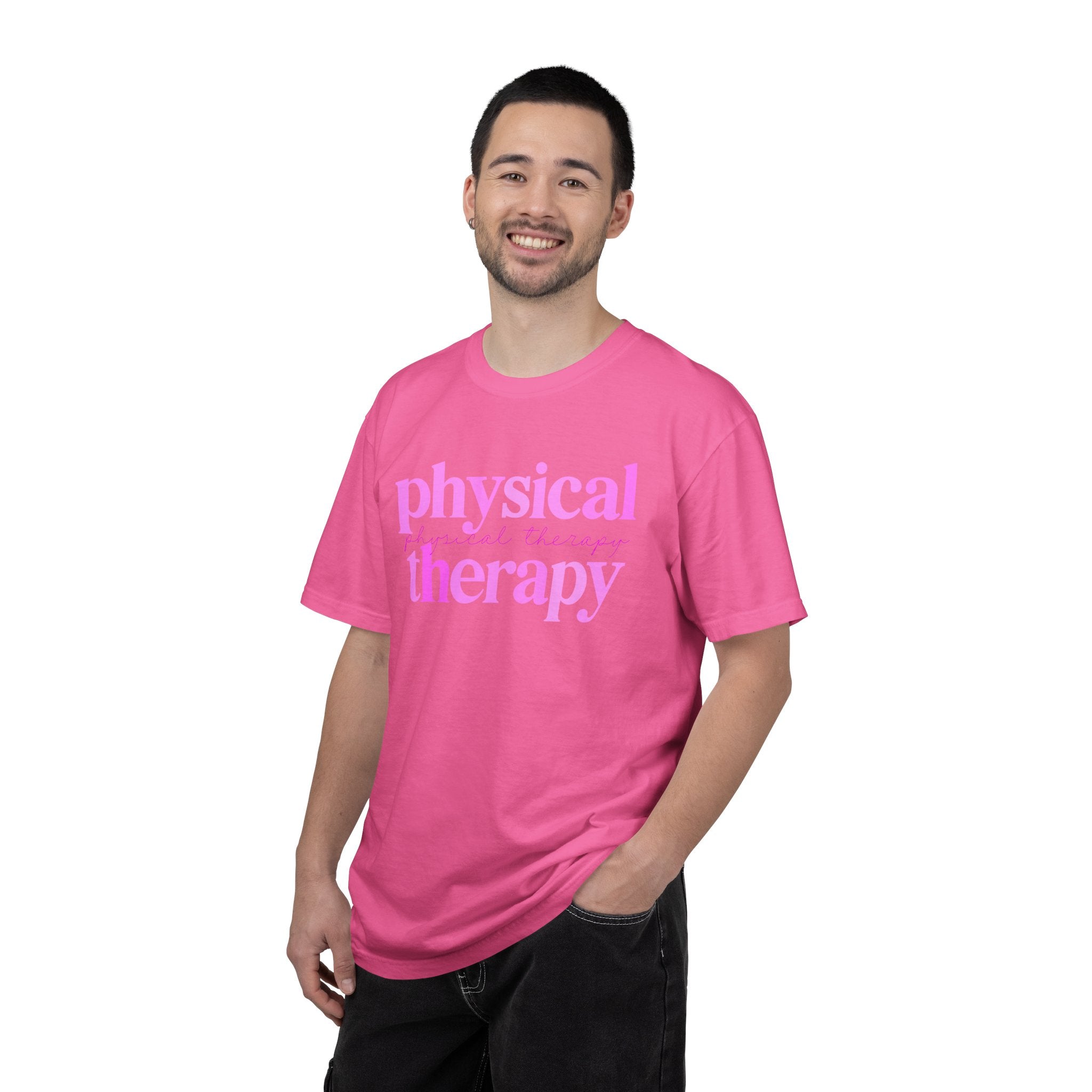 Physical Therapy T-Shirt — Pink Text Rehab Tee for Physical Therapists & Students