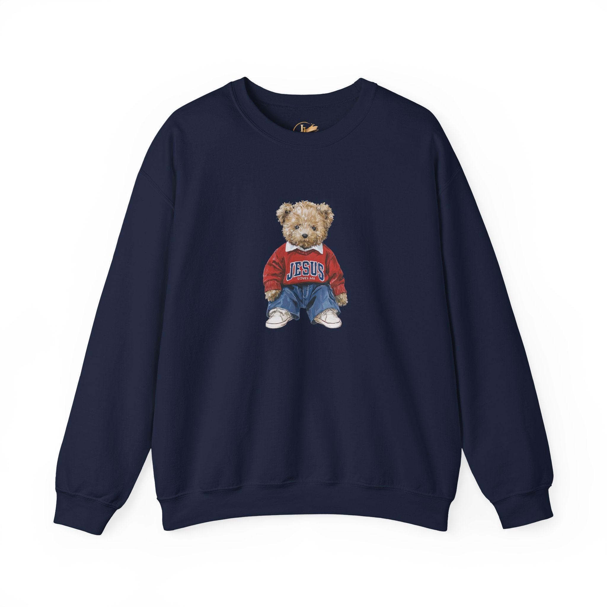 Crewneck Sweatshirt — Teddy Bear Wearing 'Jesus' Sweater Christian Graphic