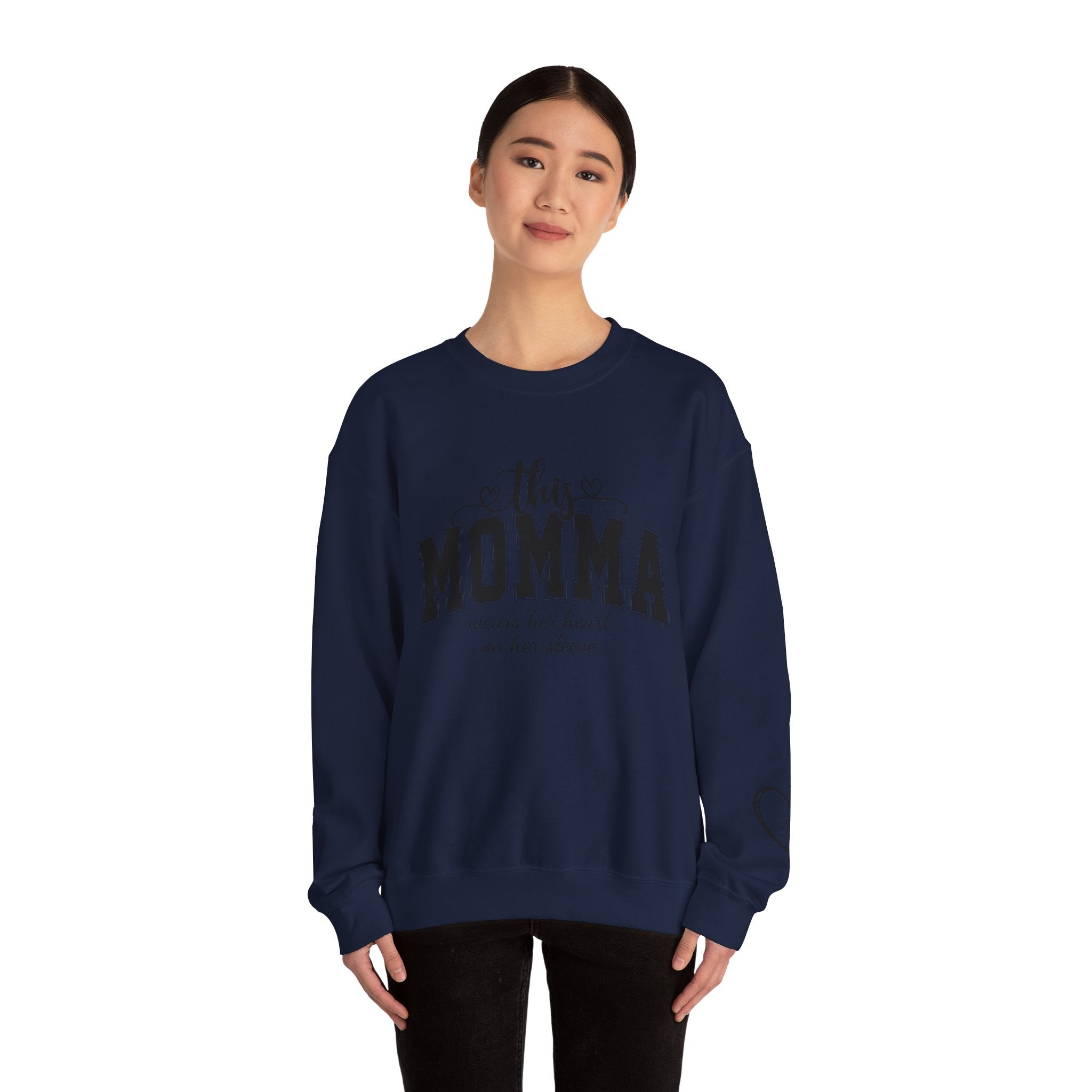 Customized Momma, Gigi, Grammy, Grandma, Mama, Mom, or Nana  Crewneck Sweatshirt – “This ….. Wears Her Heart on Her Sleeve” Cozy Pullover