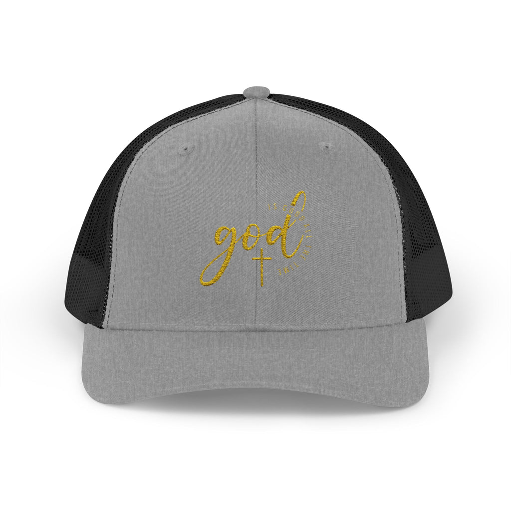 God Script Trucker Cap — Gold Sparkle Faith Snapback