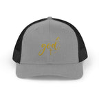 God Script Trucker Cap — Gold Sparkle Faith Snapback