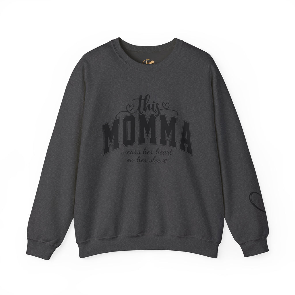 Customized Momma, Gigi, Grammy, Grandma, Mama, Mom, or Nana  Crewneck Sweatshirt – “This ….. Wears Her Heart on Her Sleeve” Cozy Pullover