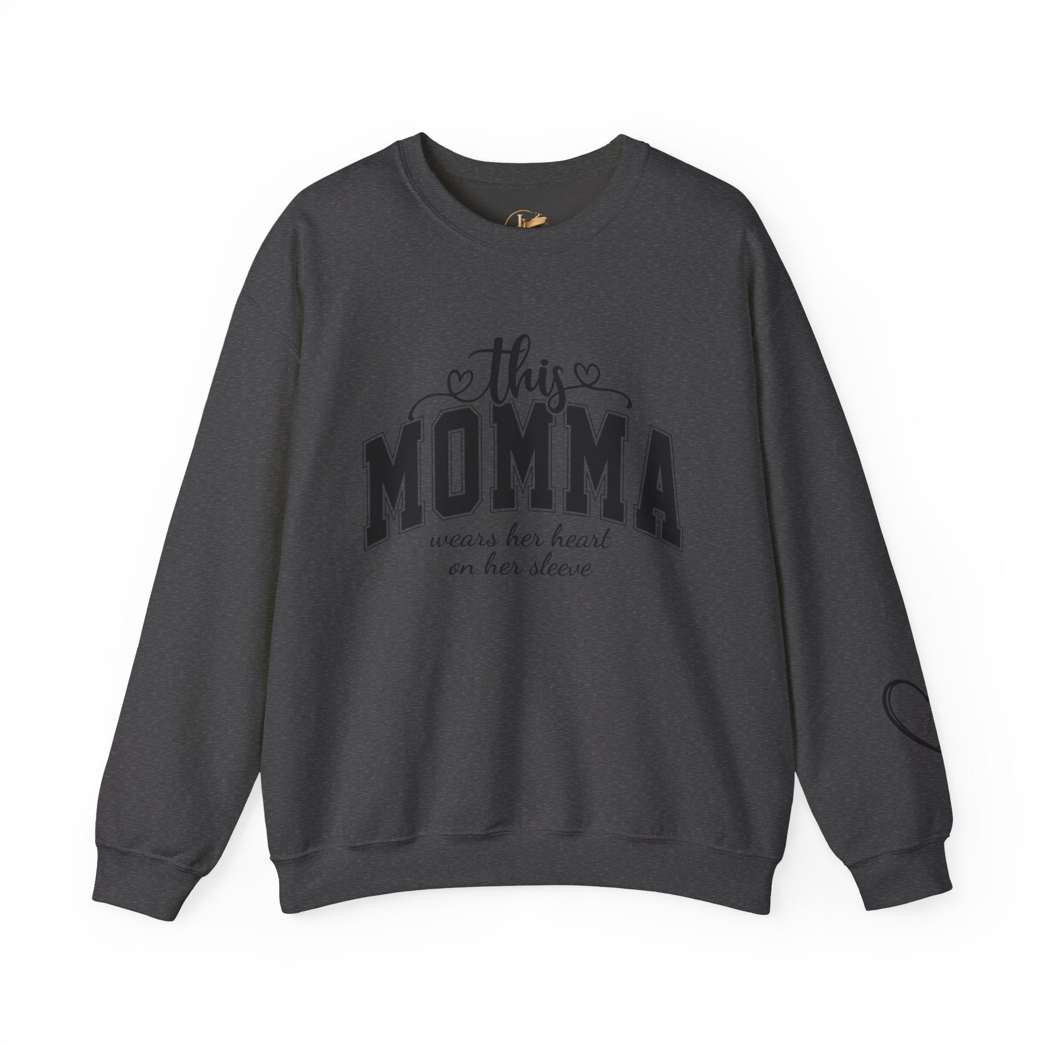 Customized Momma, Gigi, Grammy, Grandma, Mama, Mom, or Nana  Crewneck Sweatshirt – “This ….. Wears Her Heart on Her Sleeve” Cozy Pullover