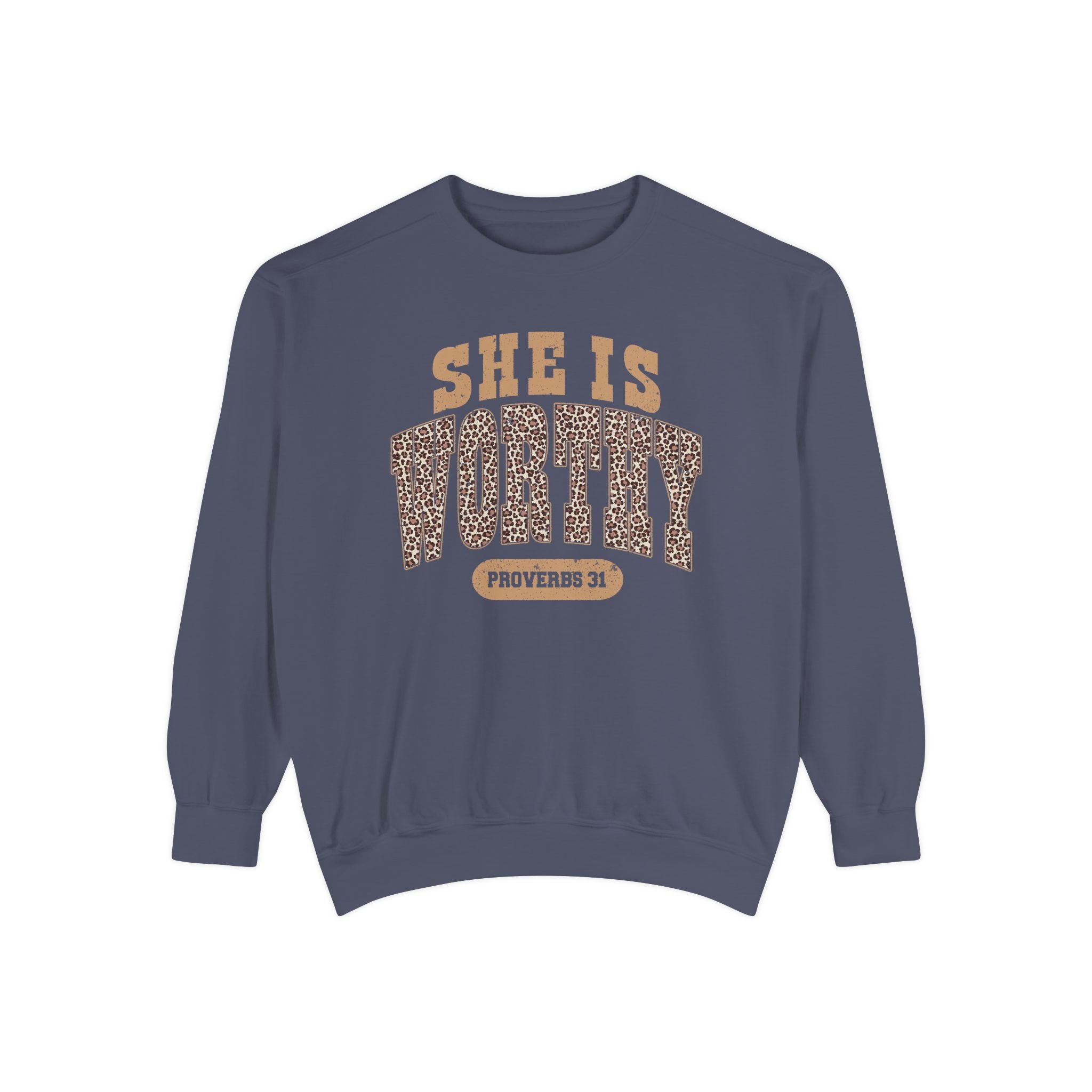 She Is Worthy Sweatshirt — Leopard Print Proverbs 31 Inspirational Pullover