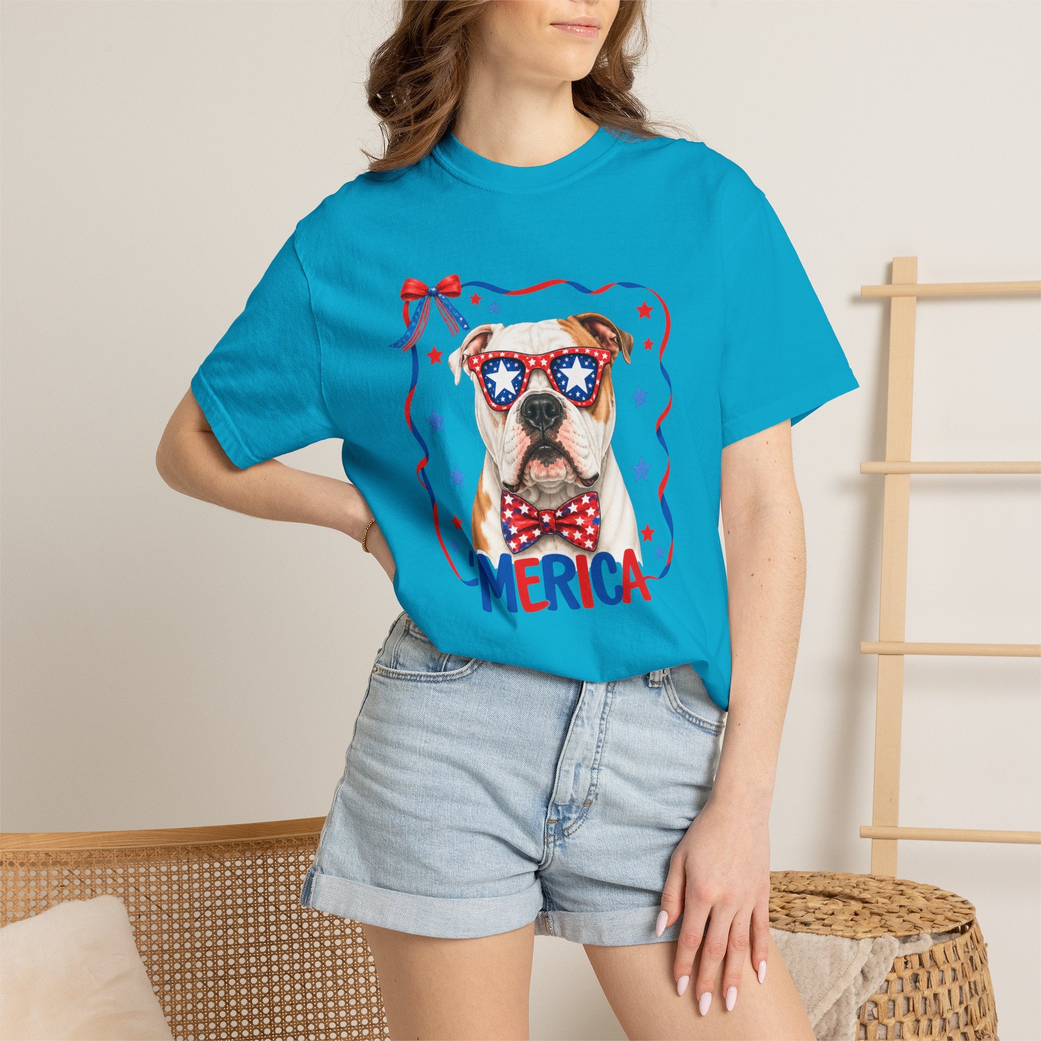 T-Shirt | 'Merica Patriotic Dog Graphic Tee – American Flag Sunglasses & Bow Tie
