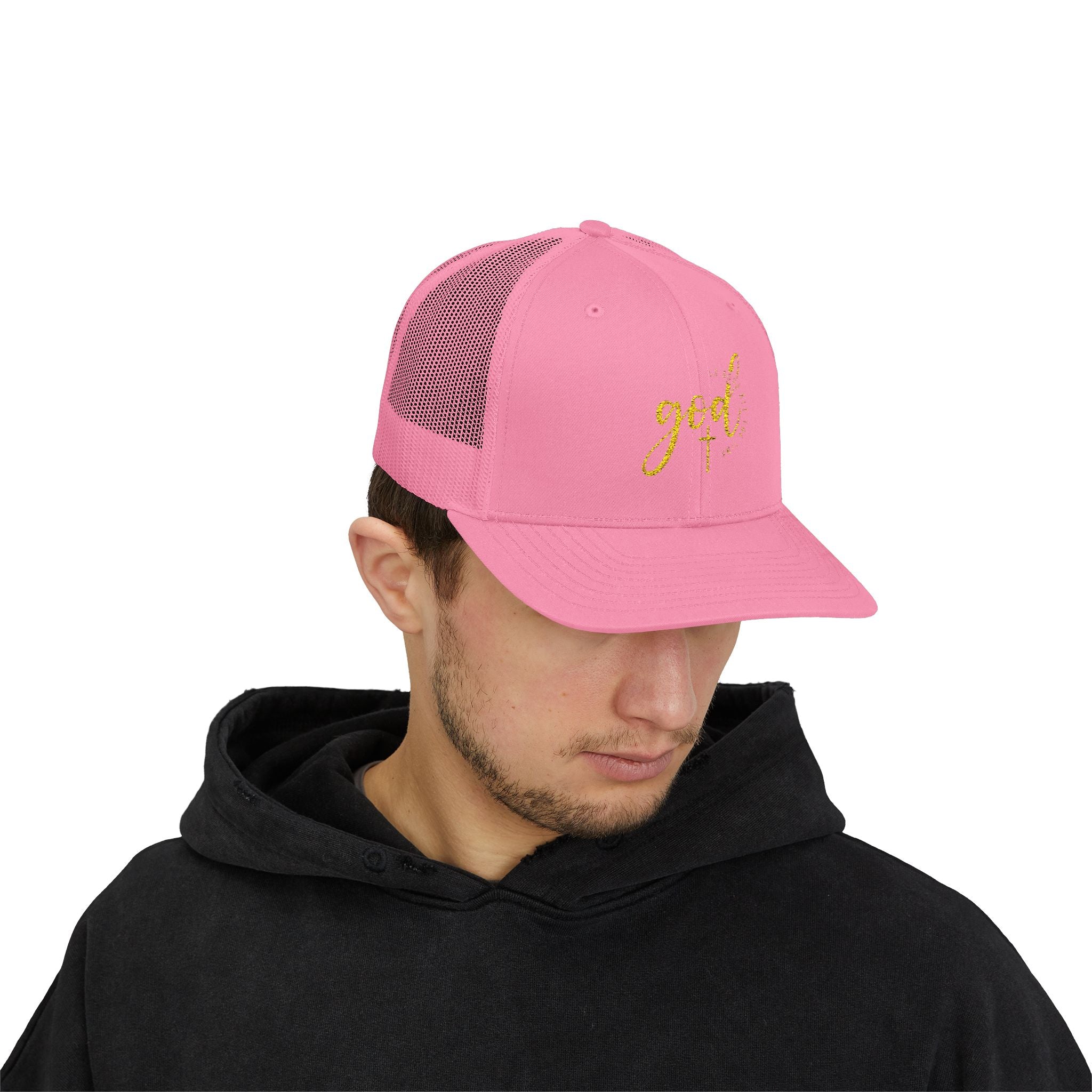 God Script Trucker Cap — Gold Sparkle Faith Snapback
