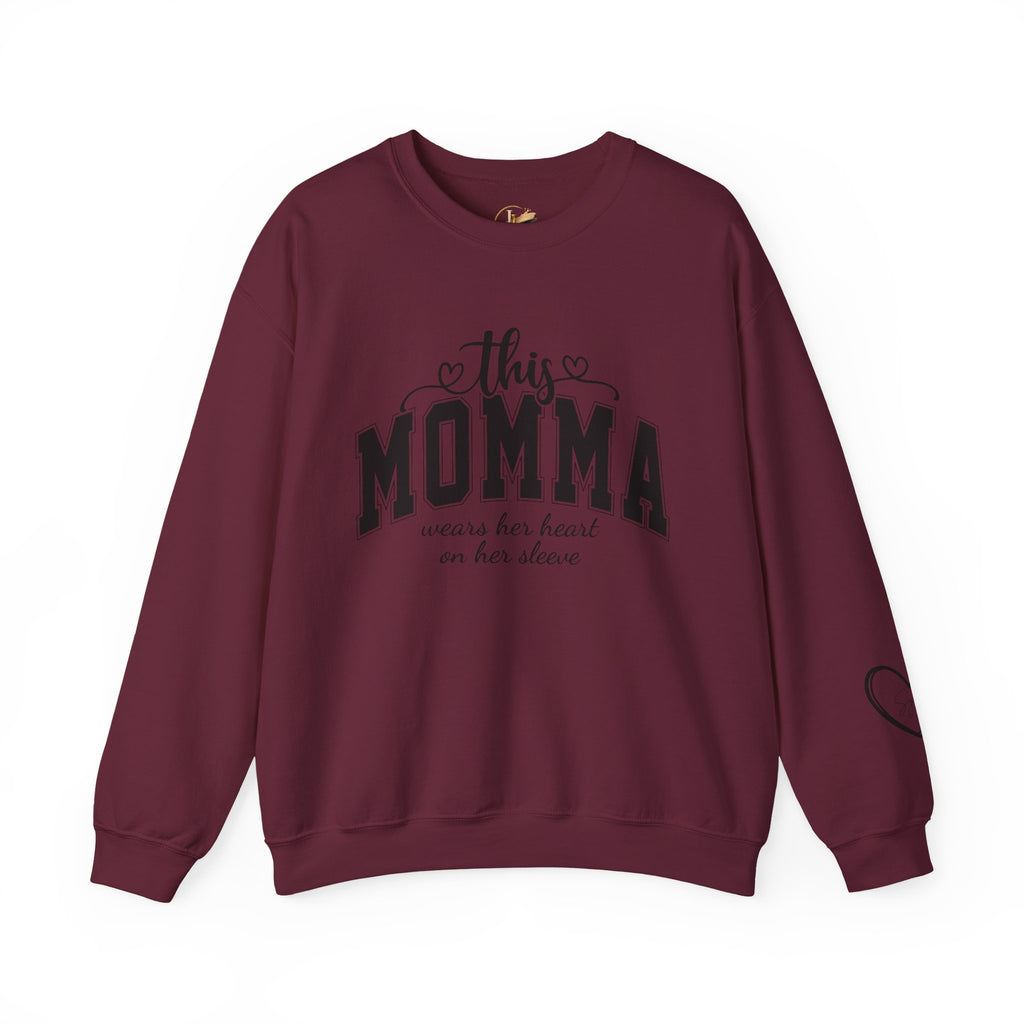 Customized Momma, Gigi, Grammy, Grandma, Mama, Mom, or Nana  Crewneck Sweatshirt – “This ….. Wears Her Heart on Her Sleeve” Cozy Pullover
