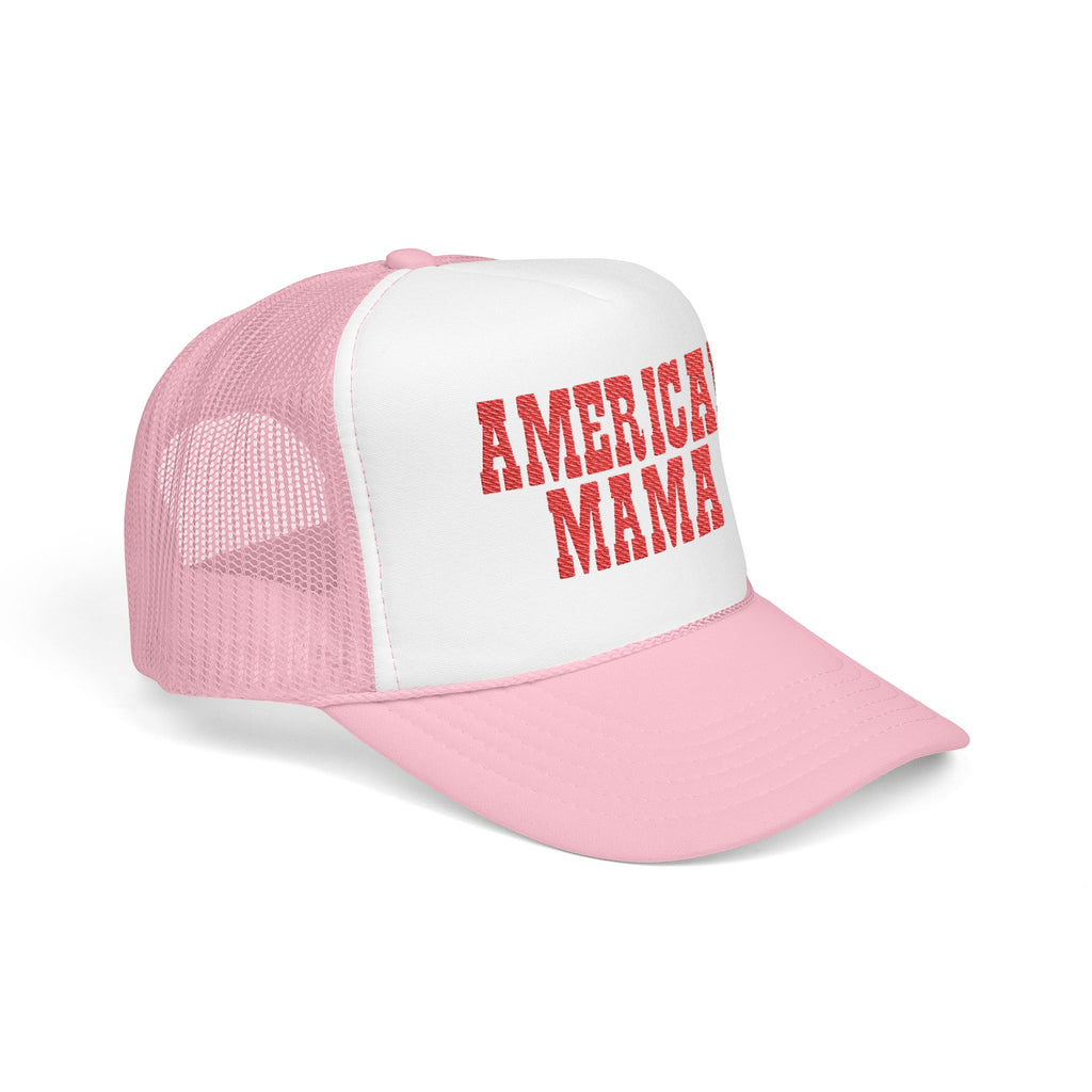 American Mama Trucker Hat - Vintage Red Distressed Foam Mesh Cap for Patriotic Moms