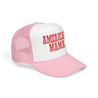 American Mama Trucker Hat - Vintage Red Distressed Foam Mesh Cap for Patriotic Moms