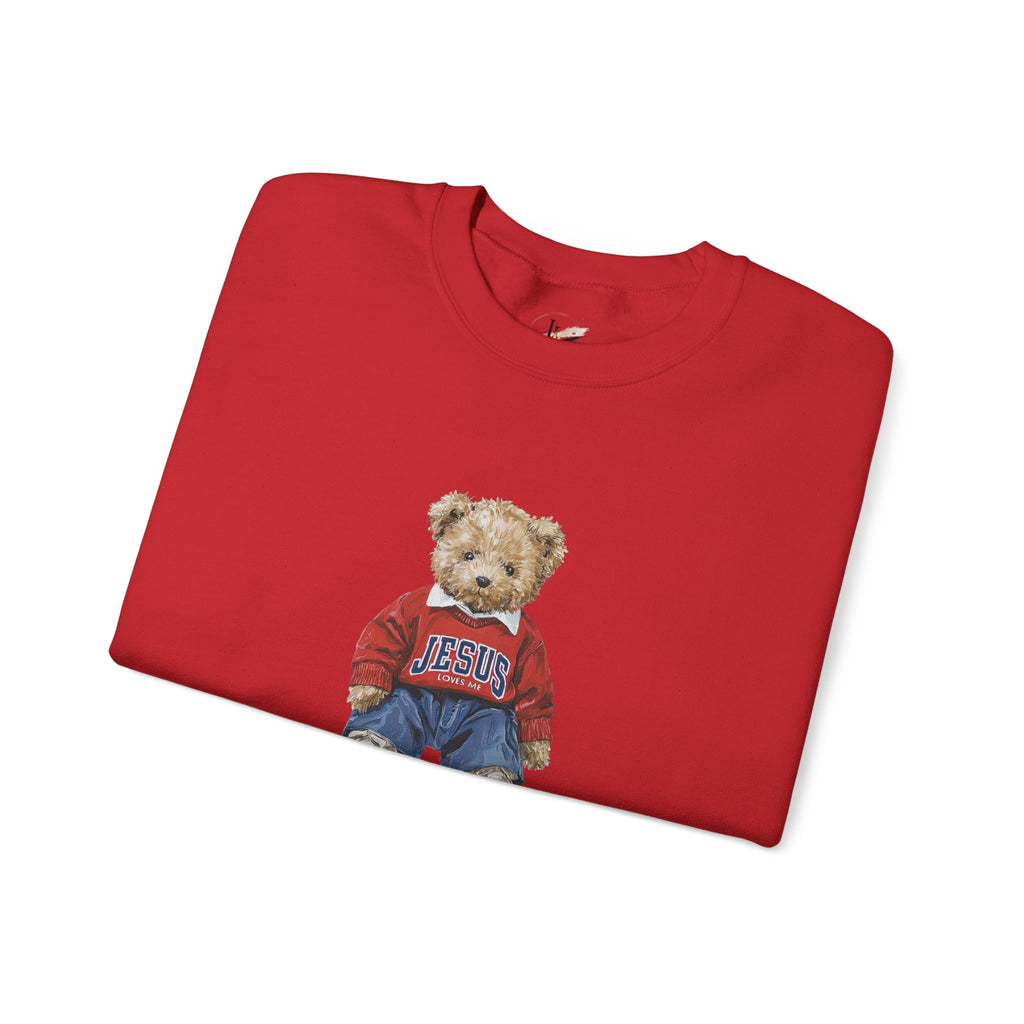 Crewneck Sweatshirt — Teddy Bear Wearing 'Jesus' Sweater Christian Graphic