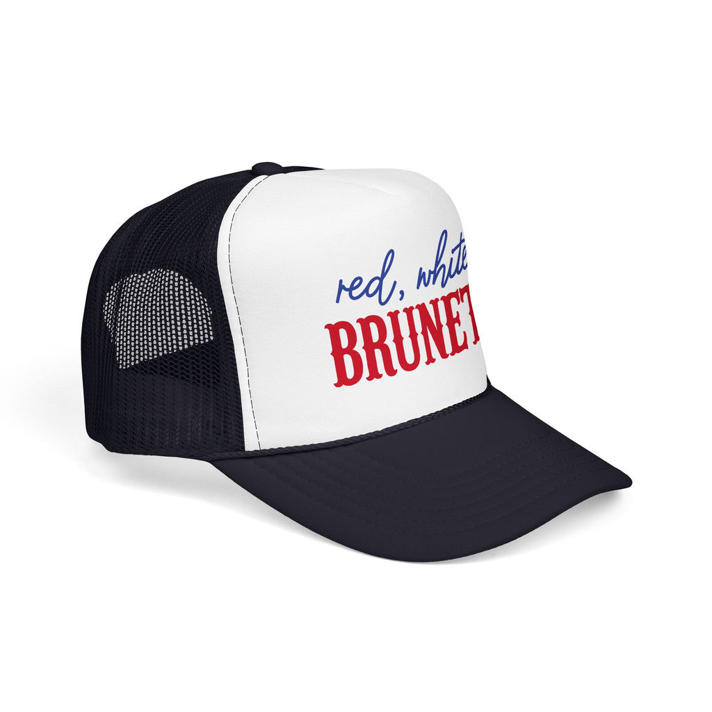 Red, White & Brunette Trucker Hat — Patriotic Foam Mesh Cap for Women