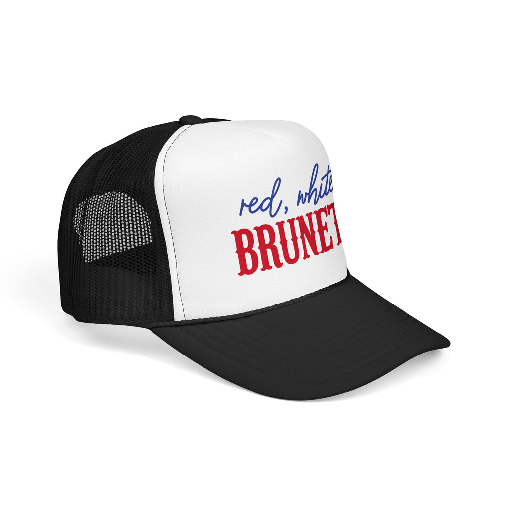 Red, White & Brunette Trucker Hat — Patriotic Foam Mesh Cap for Women