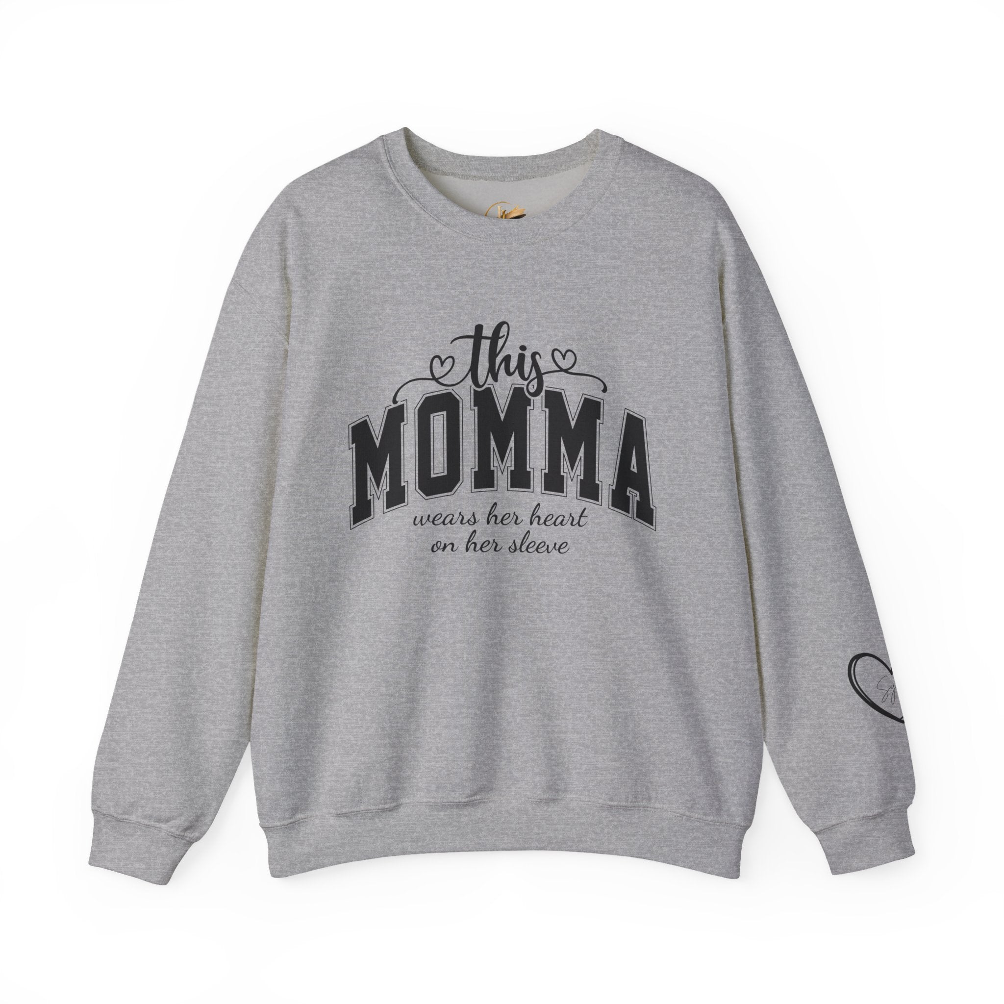Customized Momma, Gigi, Grammy, Grandma, Mama, Mom, or Nana  Crewneck Sweatshirt – “This ….. Wears Her Heart on Her Sleeve” Cozy Pullover