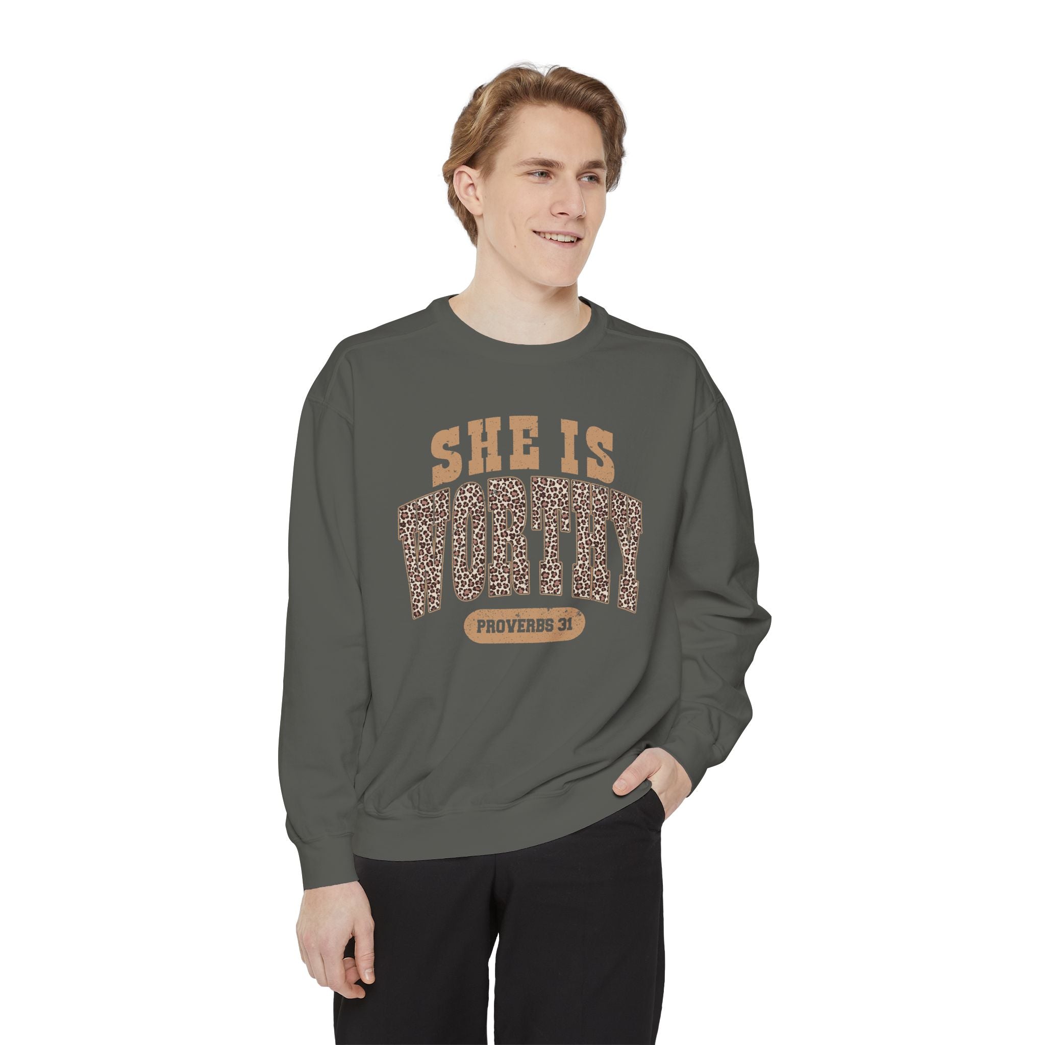 She Is Worthy Sweatshirt — Leopard Print Proverbs 31 Inspirational Pullover