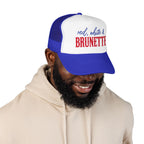 Red, White & Brunette Trucker Hat — Patriotic Foam Mesh Cap for Women