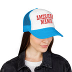 American Mama Trucker Hat - Vintage Red Distressed Foam Mesh Cap for Patriotic Moms