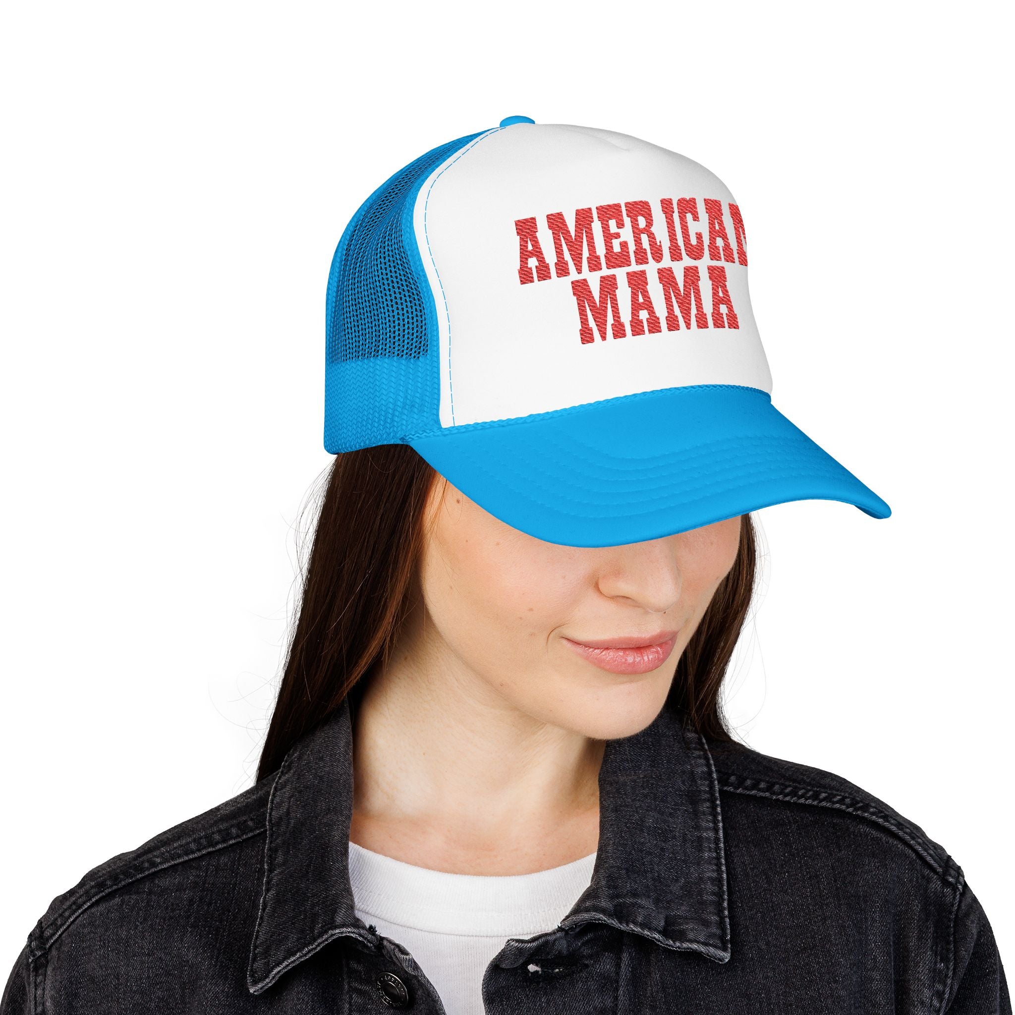 American Mama Trucker Hat - Vintage Red Distressed Foam Mesh Cap for Patriotic Moms