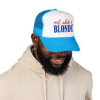 Red, White & Blonde Trucker Hat — Patriotic Blonde Foam Trucker Hat