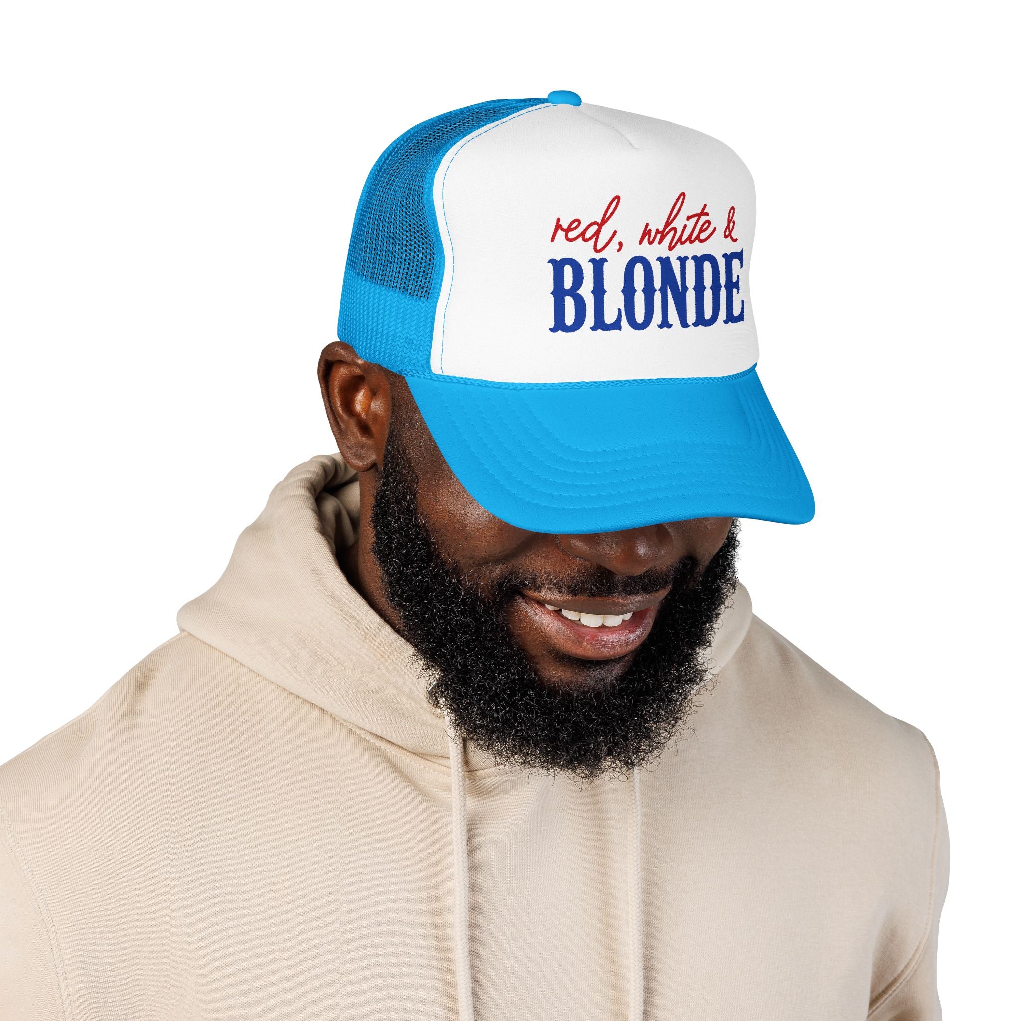 Red, White & Blonde Trucker Hat — Patriotic Blonde Foam Trucker Hat