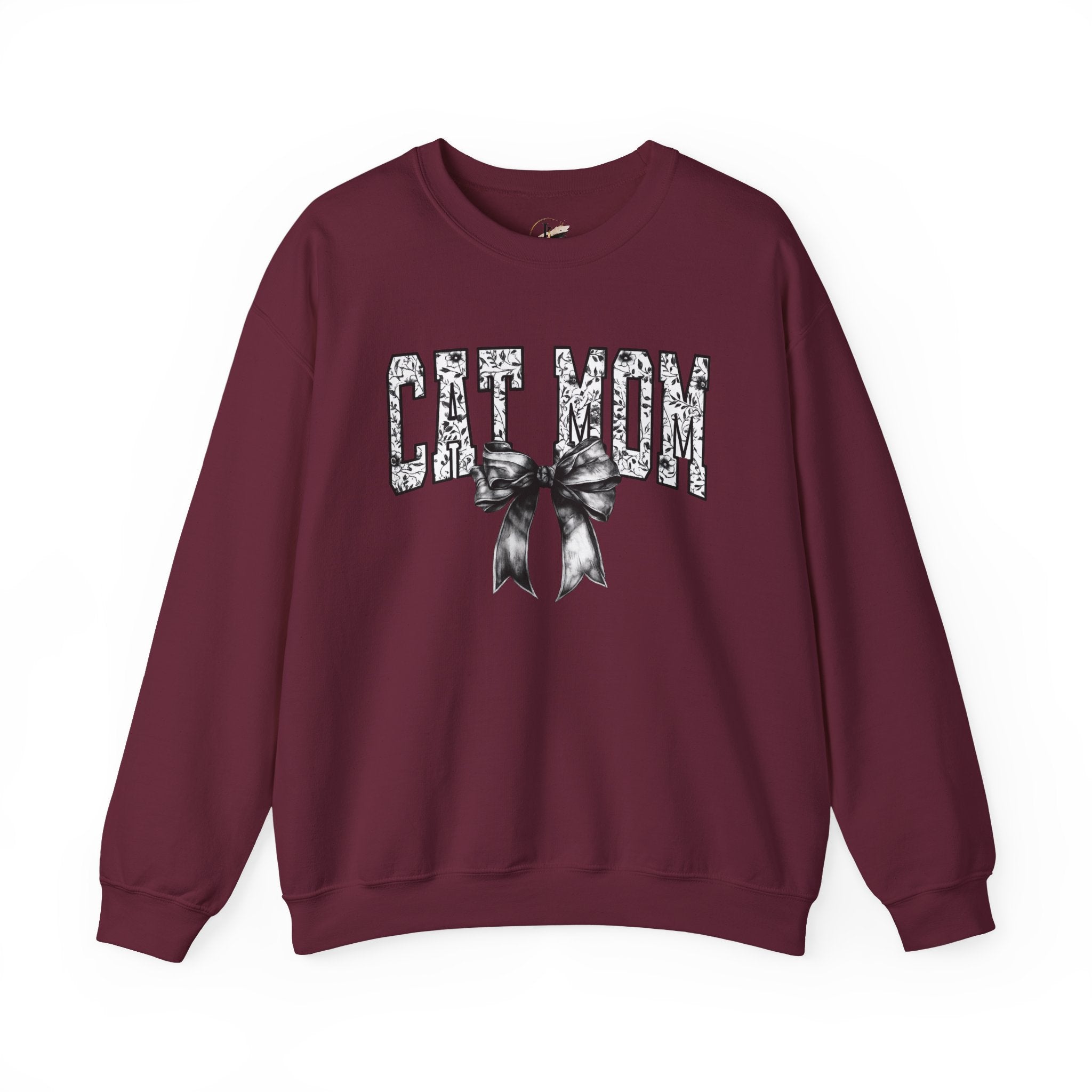 Cat Mom Crewneck Sweatshirt — Floral Lettering with Bow
