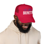 Red, White & Brunette Trucker Hat — Patriotic Foam Mesh Cap for Women