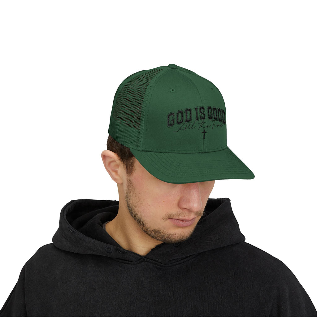 God Is Good Trucker Cap – Faith-Based Snapback Hat with Cross